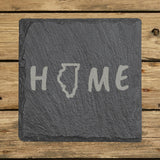 Illinois square slate coaster engraved with HOME using the state outline as the letter O