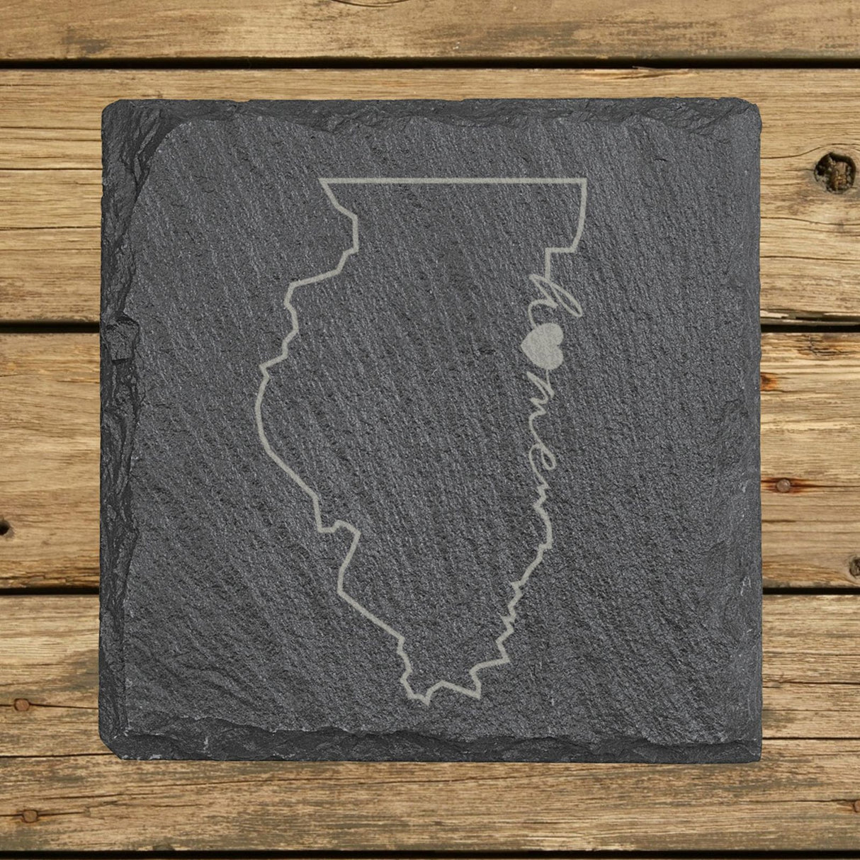 Illinois square slate coaster engraved with the state outline and home in script with a heart