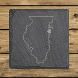 Illinois square slate coaster engraved with the state outline and home in script with a heart