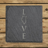 Illinois square slate coaster engraved with LOVE stacked vertically using the state as the letter O
