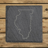 Illinois square slate coaster engraved with the state outline and Illinois in script lettering