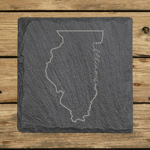 Illinois square slate coaster engraved with the state outline and Illinois in script lettering