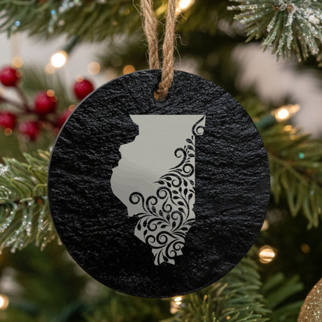 Illinois round slate Christmas ornament engraved with the state shape in ornate floral scrollwork