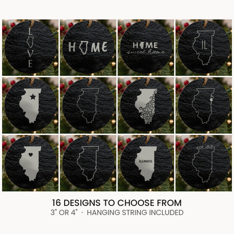 Illinois slate Christmas ornament, laser engraved natural stone