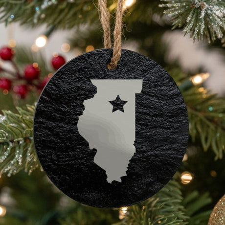 Illinois round slate Christmas ornament engraved with the state shape and a star
