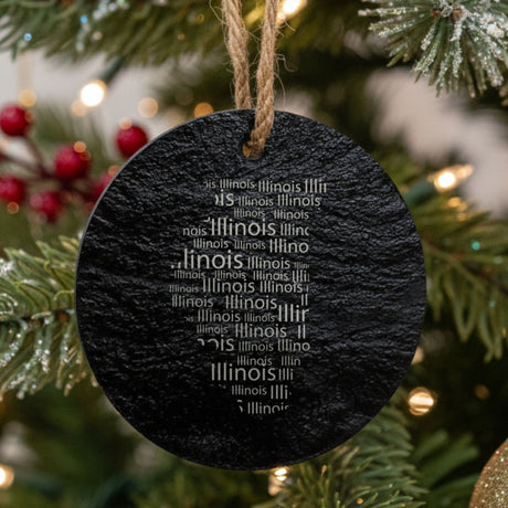 Illinois round slate Christmas ornament engraved with a word cloud of repeating Illinois text