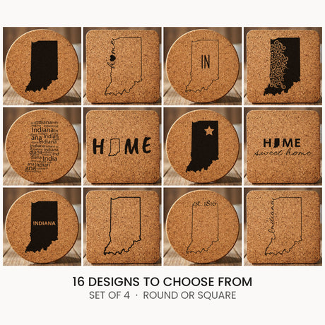 Indiana cork coaster set, laser engraved natural cork