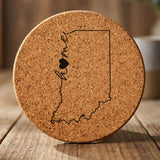 Indiana round cork coaster engraved with the state outline and home in script with a heart