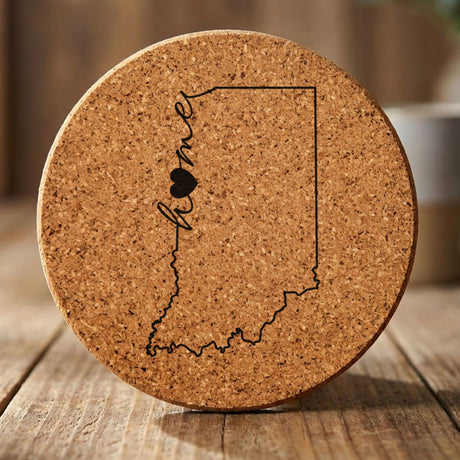 Indiana round cork coaster engraved with the state outline and home in script with a heart