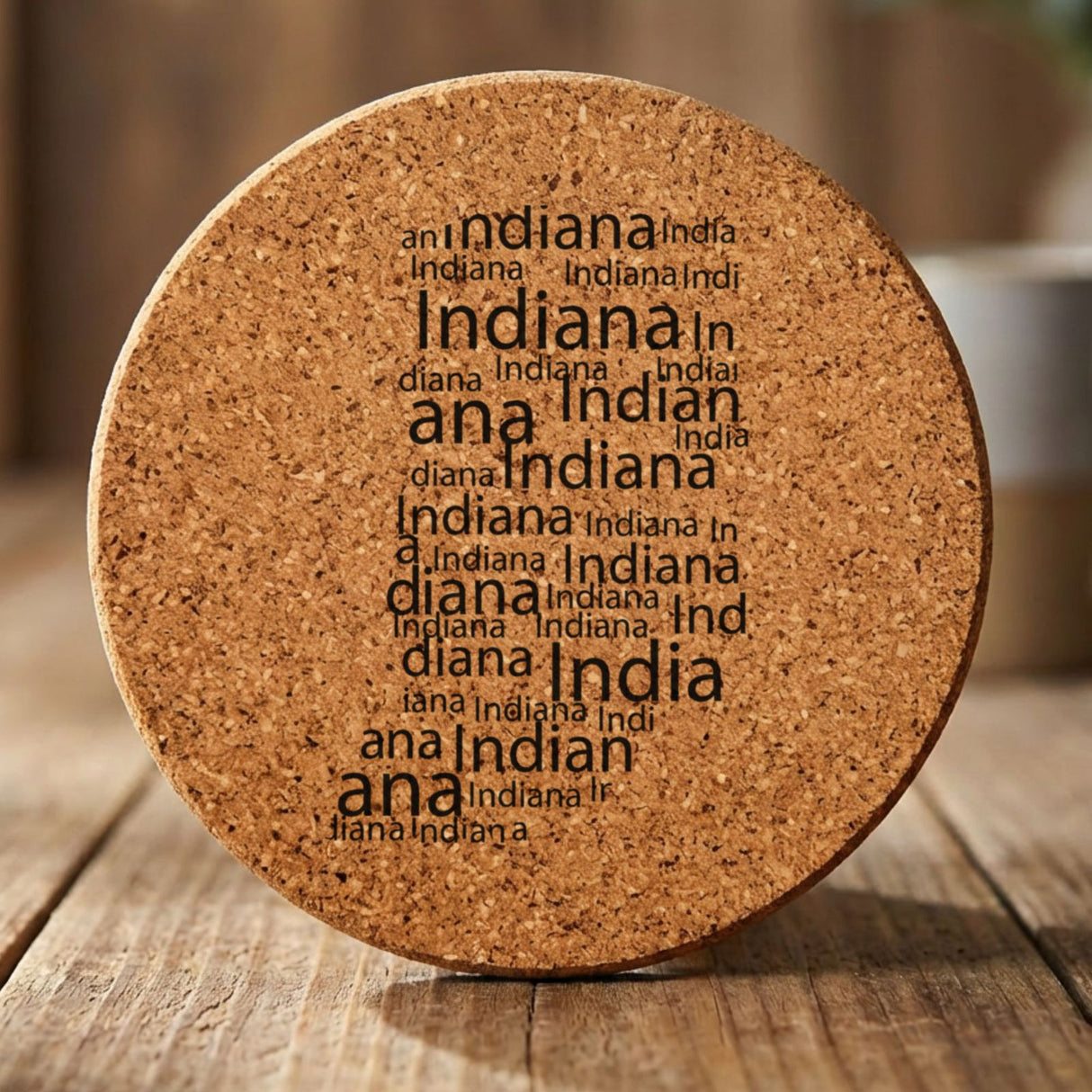 Indiana round cork coaster engraved with a word cloud of repeating Indiana text