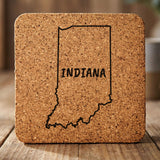 Indiana square cork coaster engraved with the state outline and INDIANA in hand-drawn brush lettering