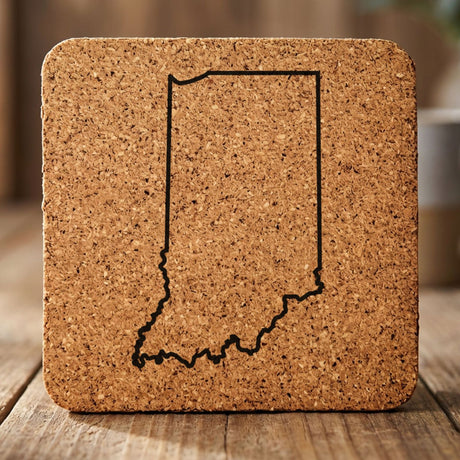 Indiana square cork coaster engraved with a clean state outline
