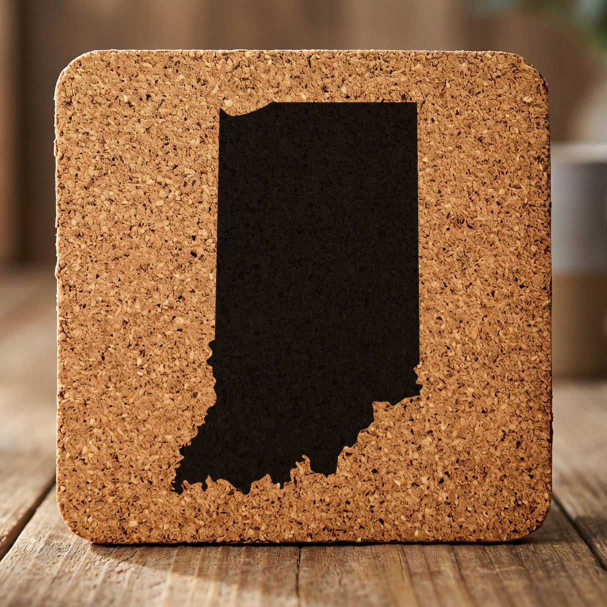 Indiana square cork coaster with the full state shape engraved