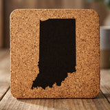 Indiana square cork coaster with the full state shape engraved
