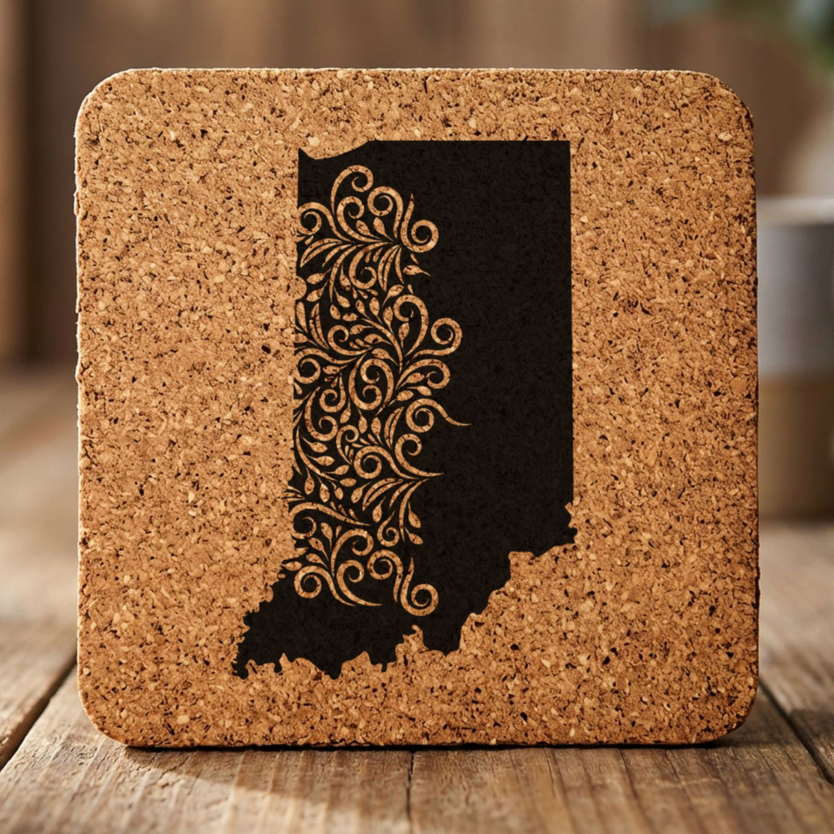 Indiana square cork coaster engraved with the state shape in ornate floral scrollwork