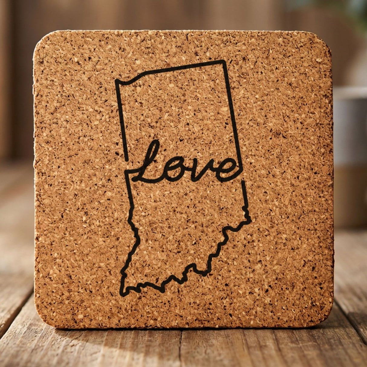 Indiana square cork coaster engraved with a hand-drawn state outline and love in cursive