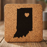 Indiana square cork coaster engraved with the state shape and a heart
