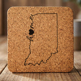 Indiana square cork coaster engraved with the state outline and home in script with a heart