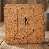 Indiana square cork coaster engraved with the state outline and IN initials