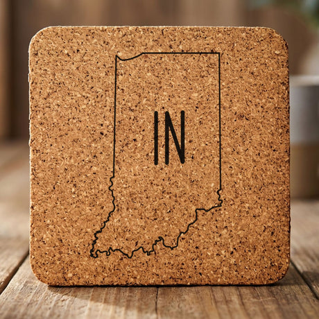 Indiana square cork coaster engraved with the state outline and IN initials