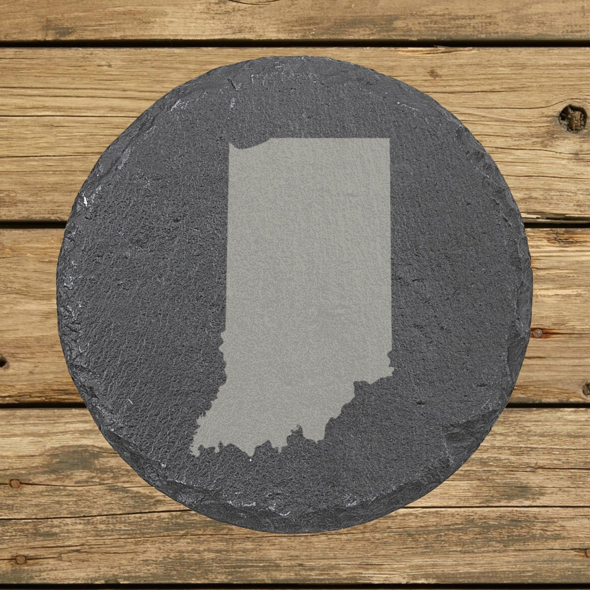 Indiana round slate coaster with the full state shape engraved