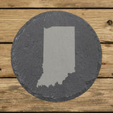 Indiana round slate coaster with the full state shape engraved