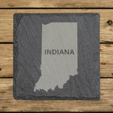 Indiana square slate coaster engraved with the state shape and INDIANA in bold lettering