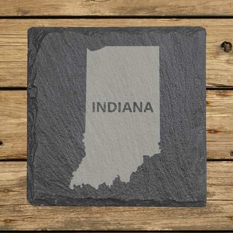 Indiana square slate coaster engraved with the state shape and INDIANA in bold lettering