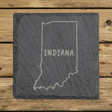 Indiana square slate coaster engraved with the state outline and INDIANA in hand-drawn brush lettering