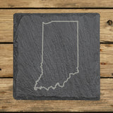 Indiana square slate coaster engraved with a clean state outline