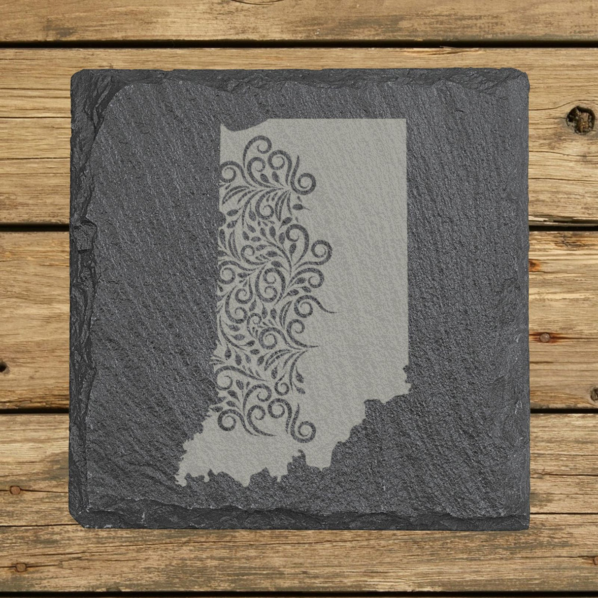 Indiana square slate coaster engraved with the state shape in ornate floral scrollwork