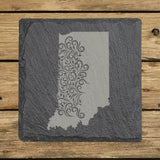 Indiana square slate coaster engraved with the state shape in ornate floral scrollwork
