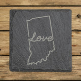 Indiana square slate coaster engraved with a hand-drawn state outline and love in cursive