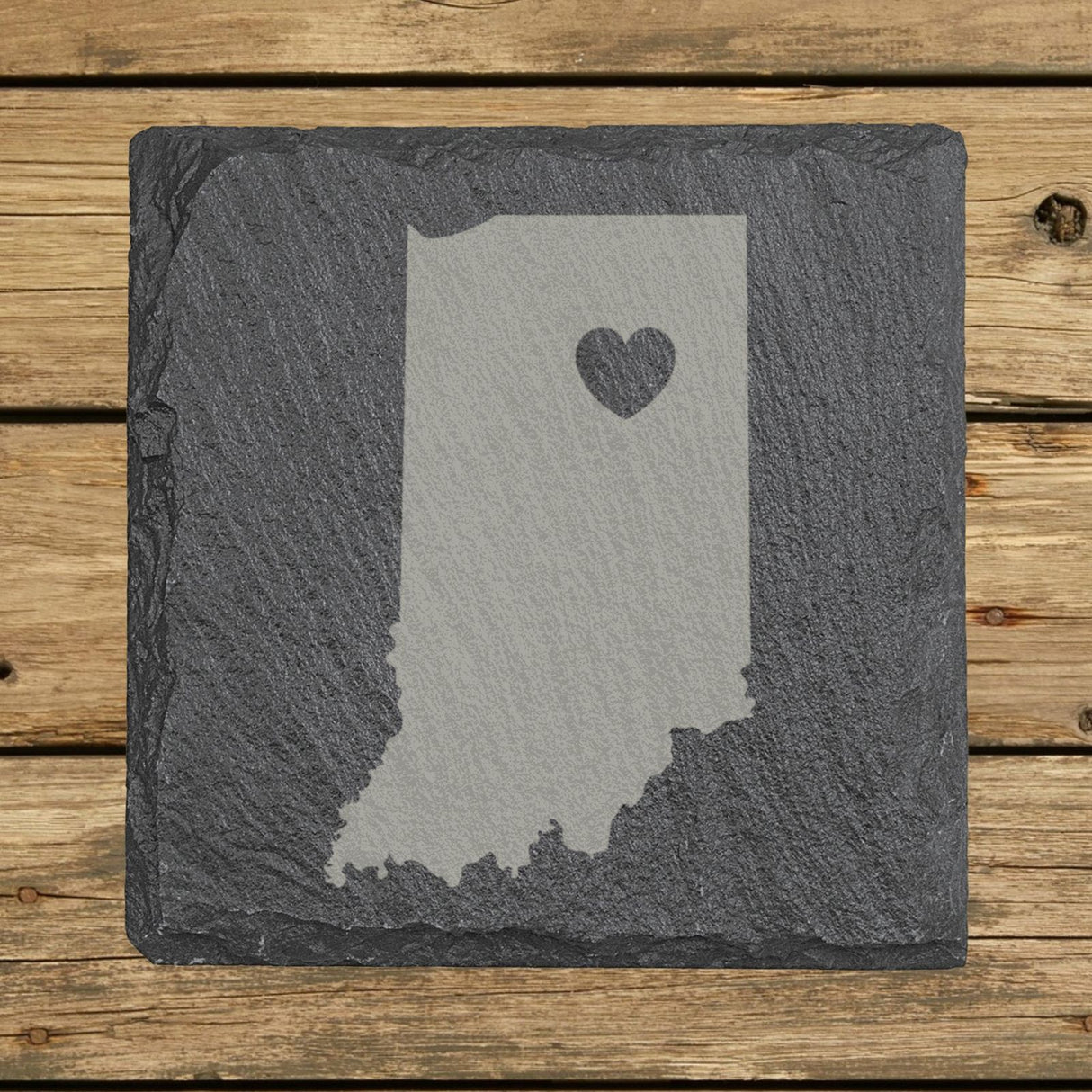 Indiana square slate coaster engraved with the state shape and a heart