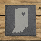 Indiana square slate coaster engraved with the state shape and a heart