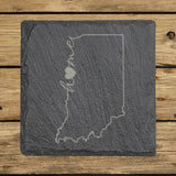Indiana square slate coaster engraved with the state outline and home in script with a heart