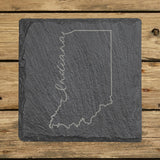 Indiana square slate coaster engraved with the state outline and Indiana in script lettering