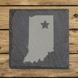 Indiana square slate coaster engraved with the state shape and a star