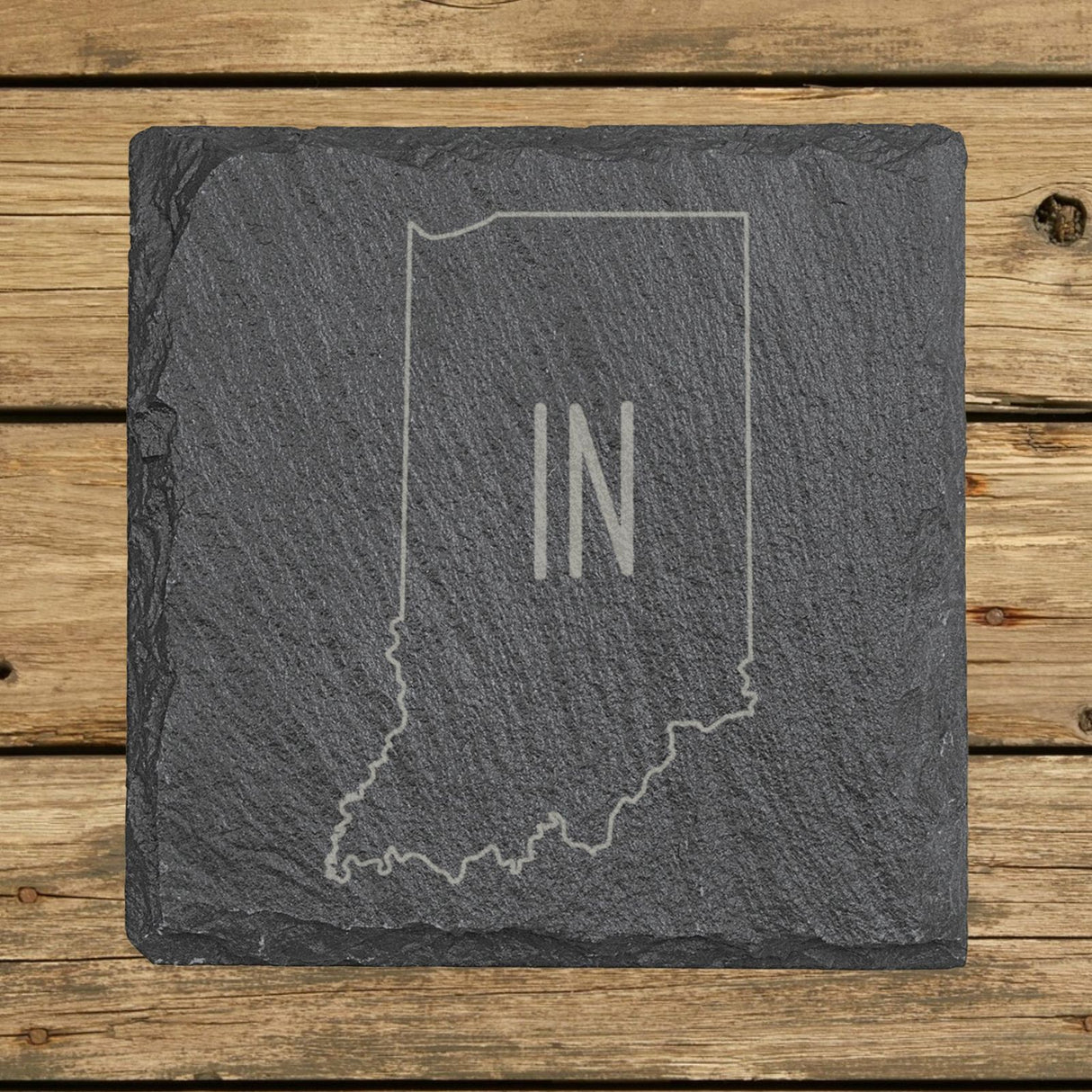 Indiana square slate coaster engraved with the state outline and IN initials