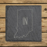 Indiana square slate coaster engraved with the state outline and IN initials