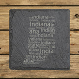 Indiana square slate coaster engraved with a word cloud of repeating Indiana text