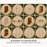 Indiana wood Christmas ornament, laser engraved natural wood