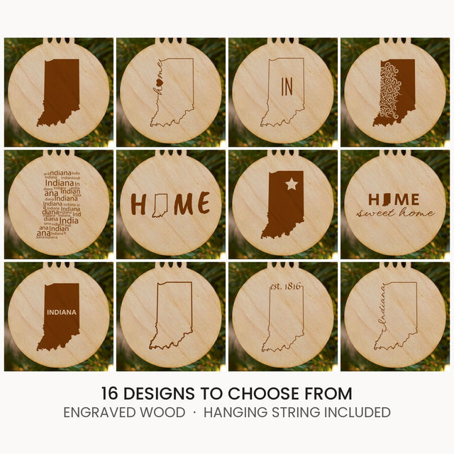 Indiana wood Christmas ornament, laser engraved natural wood