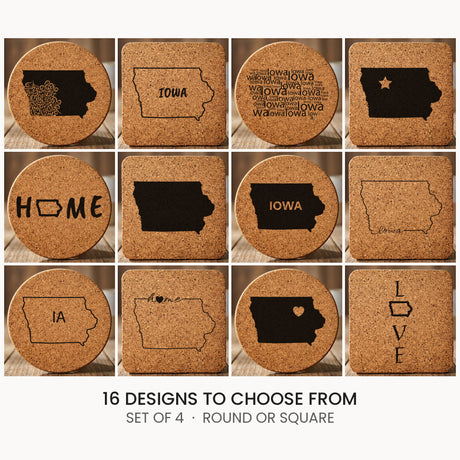 Iowa cork coaster set, laser engraved natural cork