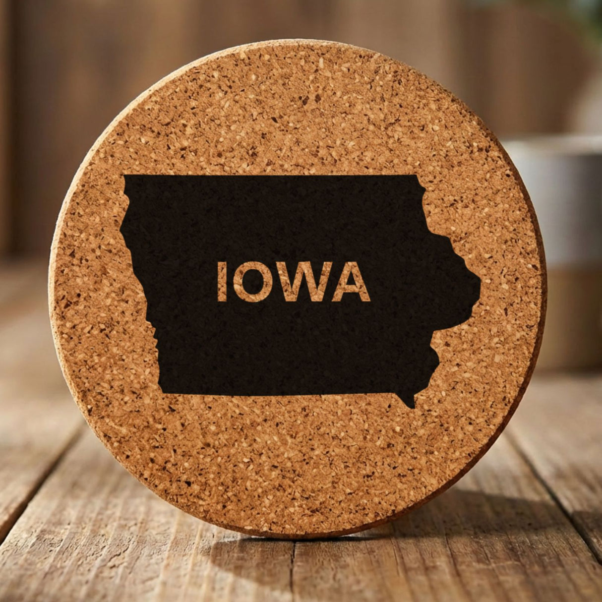 Iowa round cork coaster engraved with the state shape and IOWA in bold lettering