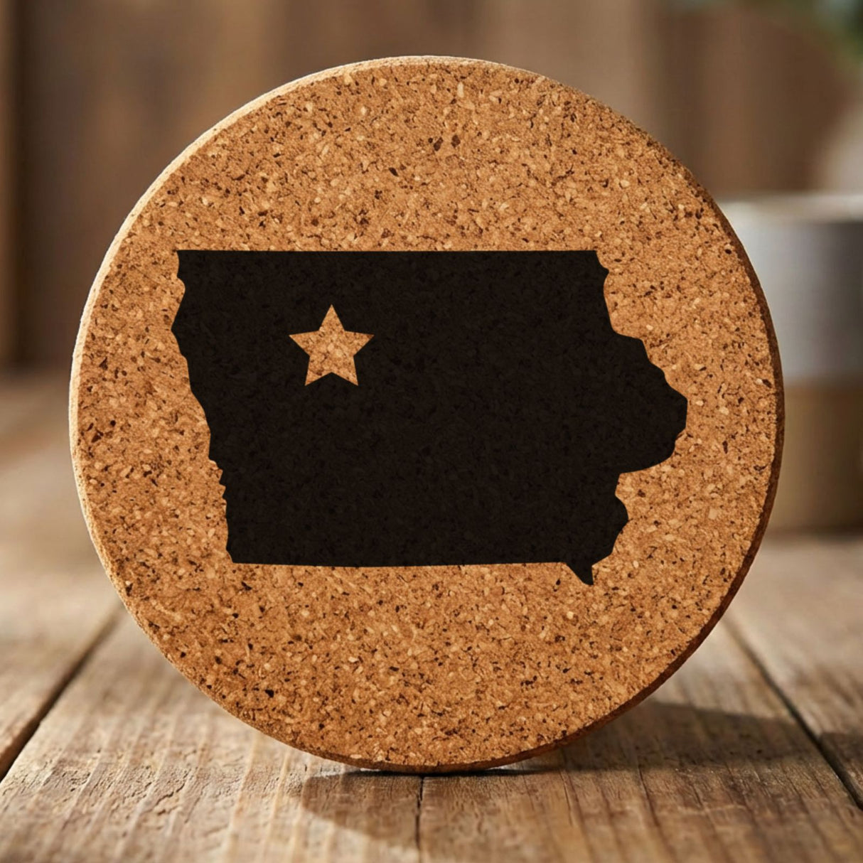 Iowa round cork coaster engraved with the state shape and a star