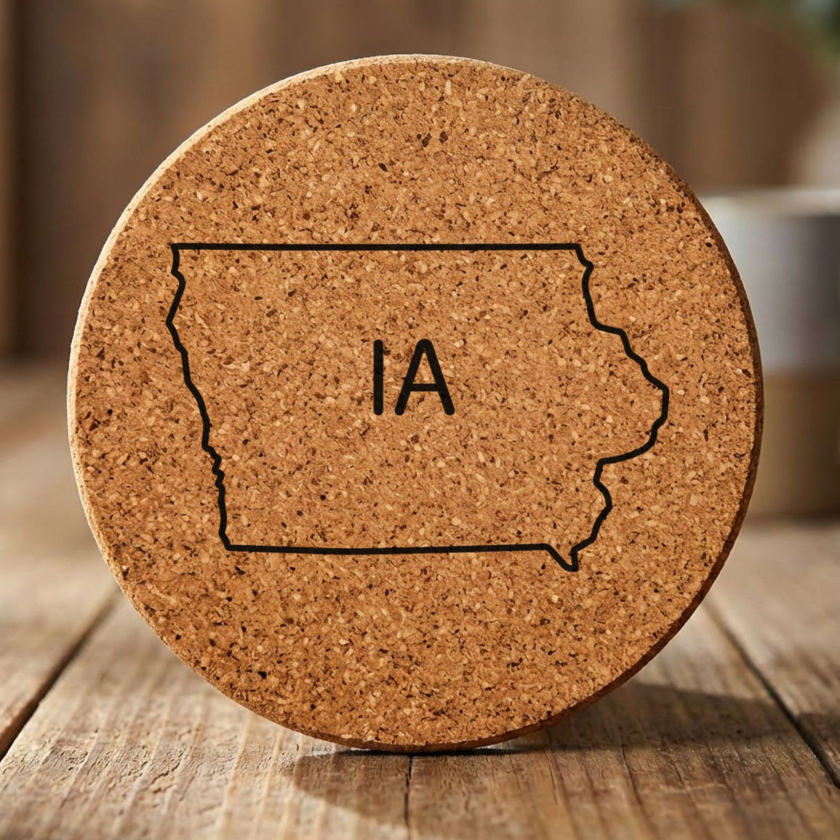 Iowa round cork coaster engraved with the state outline and IA initials
