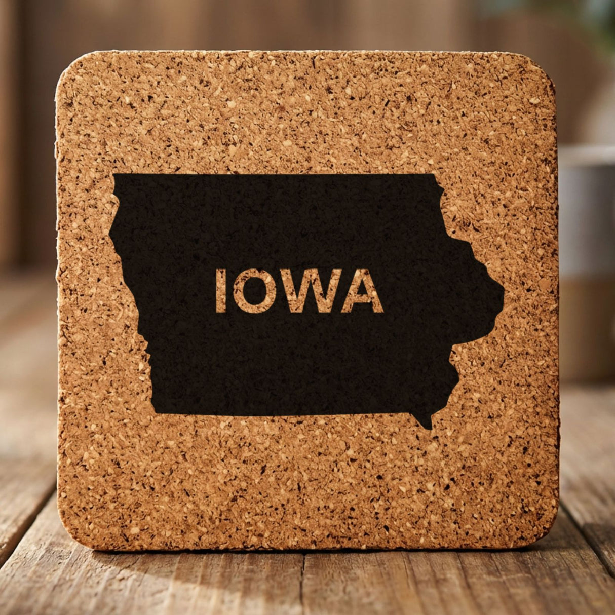 Iowa square cork coaster engraved with the state shape and IOWA in bold lettering