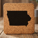 Iowa square cork coaster with the full state shape engraved