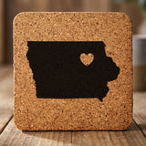 Iowa square cork coaster engraved with the state shape and a heart